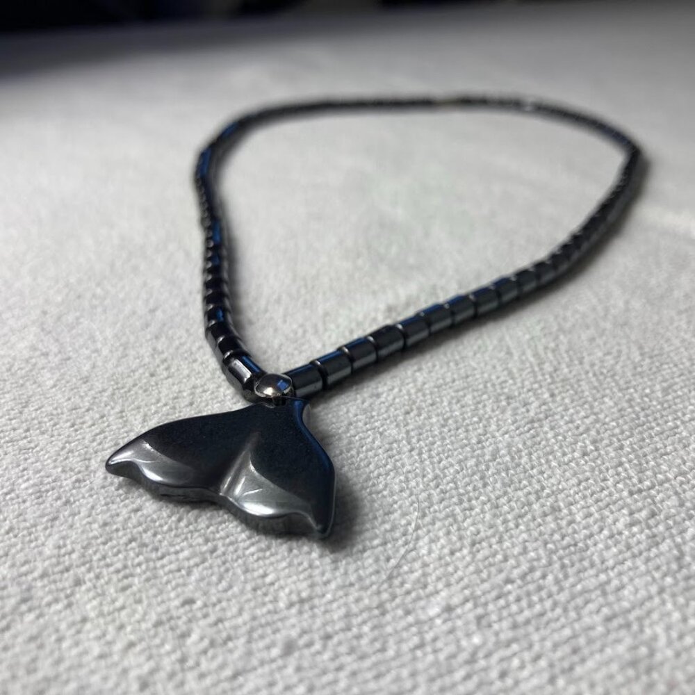 Hematite Barrel Beaded Necklace with Whale Tail Pendant